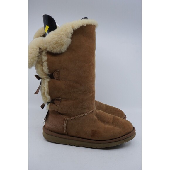 UGG Australia Bailey Bow Tall Triple Chestnut Suede Fur Boots Womens Sz 10 Read - Picture 1 of 8